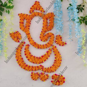 Marigold Flower With Pompom Beads Lord Ganesha Artificial Flower Ganpati Backdrops Indian Culture Festival Floral Arrangement Portrait  Deco