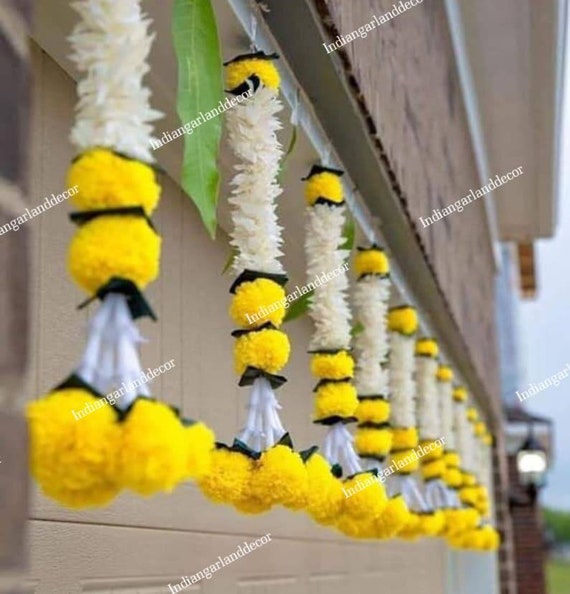 10 Strings Lot Beautiful Artificial Jasmine Flower Garlands With Marigold Flower Indian Decor Artificial Mogra Wedding Decor Fabric Jasmine