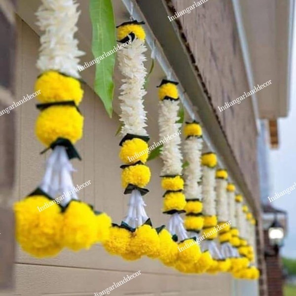 Lot de 10 cordes belles guirlandes de fleurs de jasmin artificielles avec fleurs de souci indiennes décoration artificielle Mogra tissu de décoration de mariage jasmin