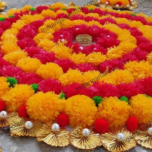 Beautiful Artificial Flower Rangoli Floral Handmade Centerpiece With Express Shipping Antique Marigold Flower With Gota Flower Decoration
