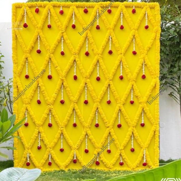 8X8 Feet Artificial Marigold Flower Net Backdrop Decoration Indian Curtain full Setup with Express Shipping Wedding Decoration Colourful