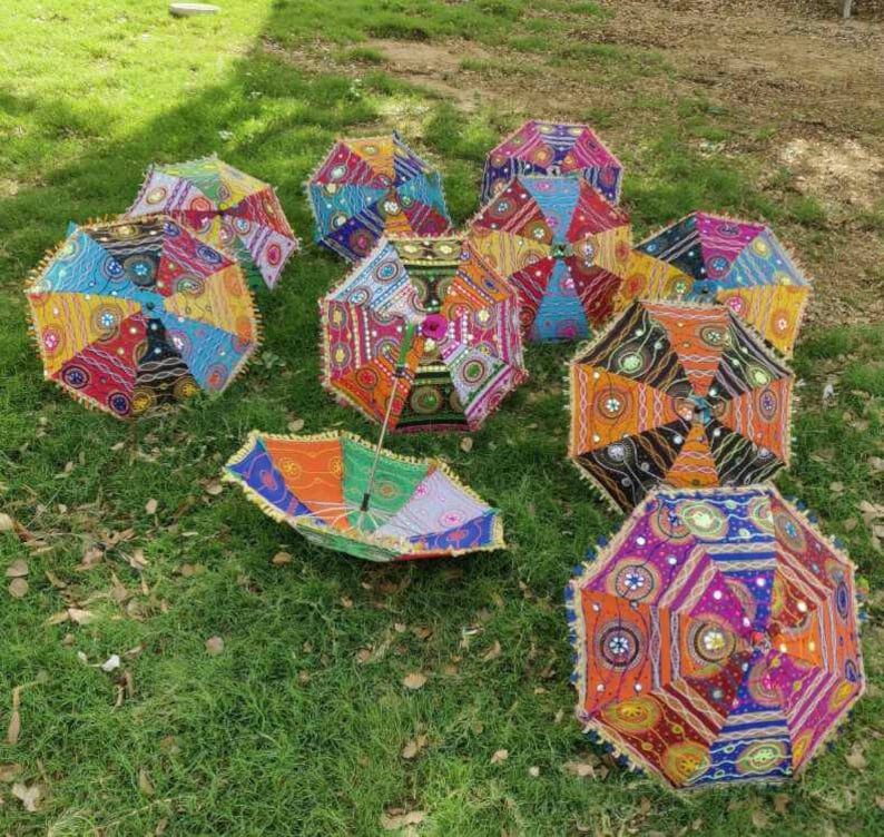 5 Pieces Lot Traditional Design Indian Wedding Umbrella Decoration Vintage Parasols Folding Canopy Handmade Embroidered Umbrella Christmas image 1