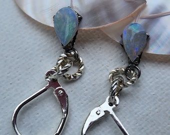 White Opal and Shell Feather Silver Plated Earrings