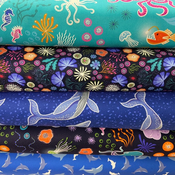 Lewis & Irene Ocean Glow Under the Sea Glow in the Dark Cotton Fabric by the 1/4 Metre* Whales Dolphins Coral