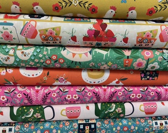 Dashwood Strawberry Tea 100% Cotton Fabric by the 1/4 Metre* Butterflies Garden Teapot Chicken Birds Flowers Summerhouse