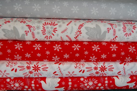 /'Peace on Earth/' Christmas Doves//Snowflakes Red//Grey Cotton Fabric by the FQ//M*