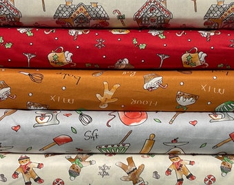 Debbie Shore Christmas Gingerbread Biscuits 100% Cotton Fabric by the 1/4 Metre* 5 Fat Quarter Pack or Apron Panel Kitchen Cake Recipes