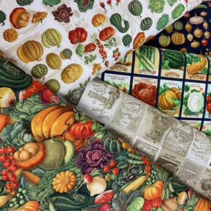 Könnte beinhalten: Eine Sammlung von Stoffen mit verschiedenen Herbstgemüsen und -früchten, darunter Kürbisse, Kürbisse, Tomaten und Mais. Die Stoffe sind mit Illustrationen und Text im Vintage-Stil bedruckt.