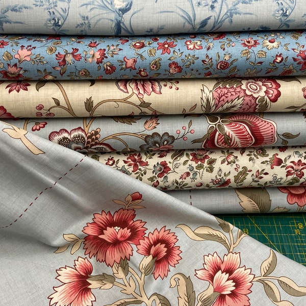 French General for Moda Antoinette Cotton Fabric by the 1/4 Metre* Or Panel Floral Flowers Blue Cream Swallows
