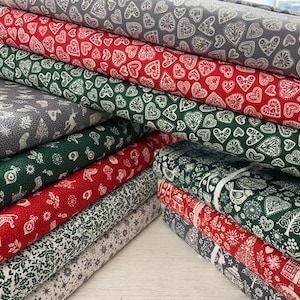 Makower Scandi Christmas Festive Cotton Fabric by the 1/4 Metre* Baubles Stags Stars Hearts Holly Charms Red Green Grey