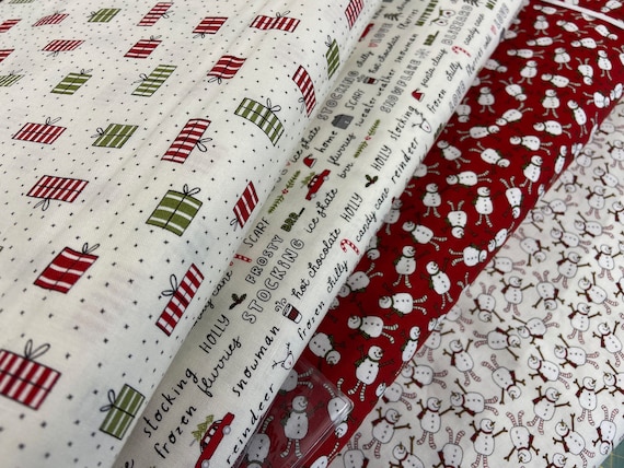 Sweetwater for Moda Blizzard Cotton Fabric by 1/4 Metre Snowmen Presents  Script Christmas 