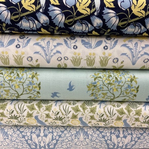 V & A Voysey Birds in Nature 100% Cotton Fabric by the 1/4 Metre* or Fat Quarter Bundle Pack Bird Flowers Classic Blue