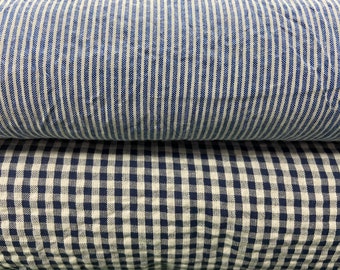 100% Cotton Colourwoven Seersucker Fabric by the 1/2 Metre* Pin Stripe Gingham Check Navy Blue White