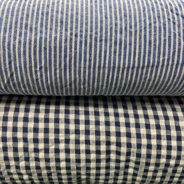 100% Cotton Colourwoven Seersucker Fabric by the 1/2 Metre* Pin Stripe Gingham Check Navy Blue White