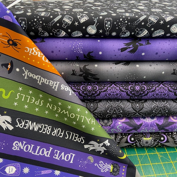 Lewis & Irene Cast A Spell Cotton Fabrics by the 1/4 Metre* Or Panel Halloween Goth Metallic Purple Black