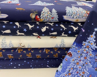 Lewis & Irene Tomtens Forest Friends Christmas Woodland Animals Hare Fox Double Border 100% Cotton Fabric by 1/4 Metre*