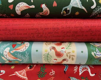 Lewis & Irene 12 Days of Christmas Holiday 100% Cotton Fabric by 1/4 Metre* or Mini Panel Metallic Script Red Green