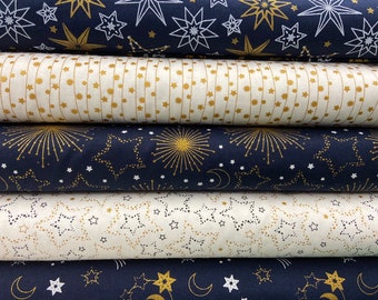 Starry Nights Christmas Metallic 100% Cotton Fabric by 1/4 Metre* Navy Blue/White Star Moon Lights Fireworks