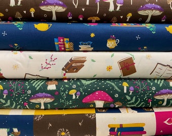 Kimberley Hind Forest Journal Organic Cotton Fabric by the 1/4 Metre* or Panel Mushroom Toadstool Flowers Library Books Woodland