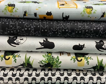 Leezaworks for Dear Stella Feline Fancy Baumwollstoff Meterware* Kitty Wash Miaument Schnurrende schwarze Katzenköpfe