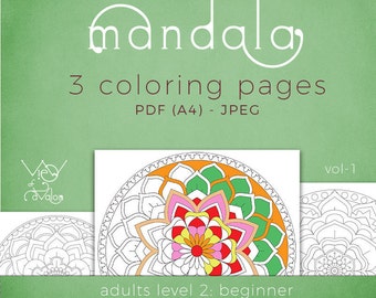 Mandala - Adult Coloring Pages vol1 - Beginner - Digital A4 pages for print in PDF and JPG formats