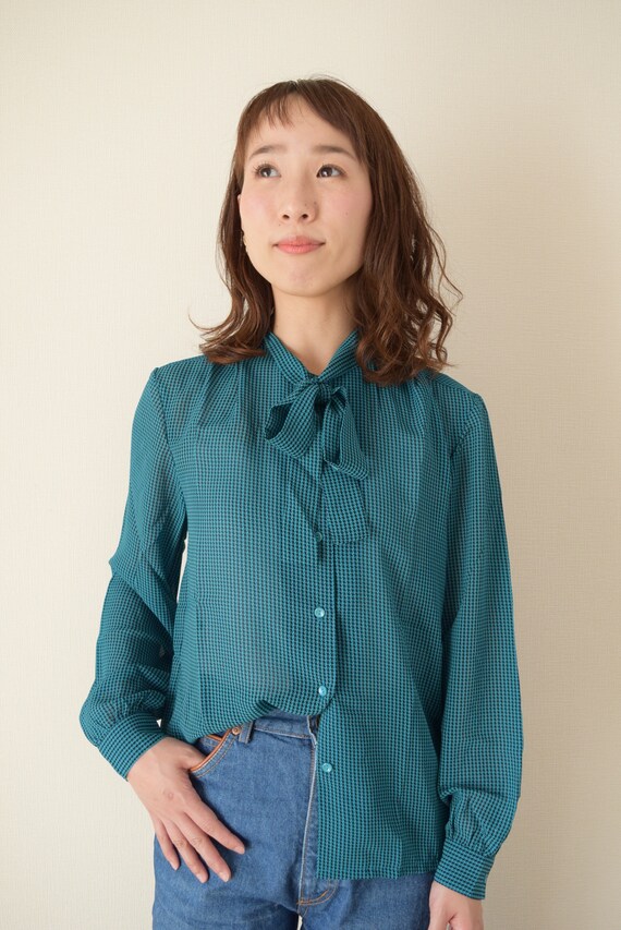 80s teal green pleat front poly blouse teal poly blouse teal pleated blouse 80s vintage blouse secretary blouse 80s vintage blouse