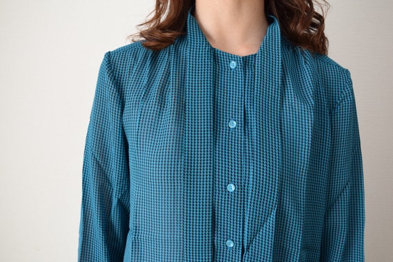 pussy bow houndstooth secretary blouse green turq… - image 5