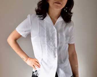 clear button white petite blouse