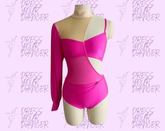 May include: A pink leotard with a sheer mesh panel and a white long-sleeved mesh overlay. The leotard has a high neckline and a cut-out detail on the side.