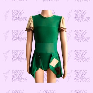 May include: A green leotard with a brown and beige ruffled sleeve and a brown and beige patch on the skirt. The leotard has a mesh panel in the front.