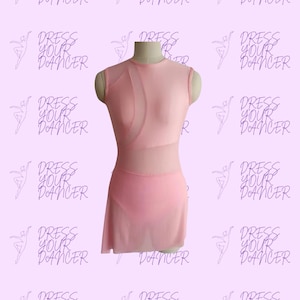May include: A pink sleeveless leotard with a mesh overlay and a skirt. The leotard has a scoop neck and a curved design on the front. The skirt is attached to the leotard and is made of a soft, flowing fabric.
