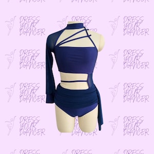 May include: A dark blue dance costume featuring a high neck, a single long mesh sleeve, and a cutout bodice with thin straps. The garment includes a high-waisted bottom with a gathered fabric overlay and a side panel of sheer mesh material.