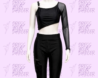Traje de baile “Control” Conjunto contemporáneo de dos piezas Top asimétrico de manga de malla Pantalones de talle alto Ropa de actuación moderna lírica