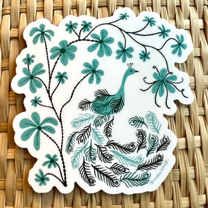 Blue Peacock Floral Sticker: Cottagecore Laptop Decal