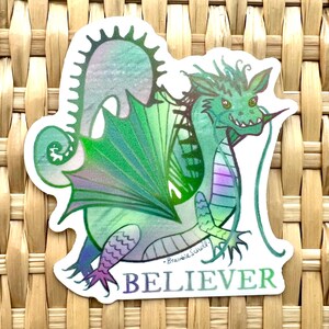 Green Dragon "Believer" Vinyl Sticker, Waterproof, Die-Cut, Original Art, Magical Aesthetic, Fantasy Laptop/Water Bottle/Car Decal