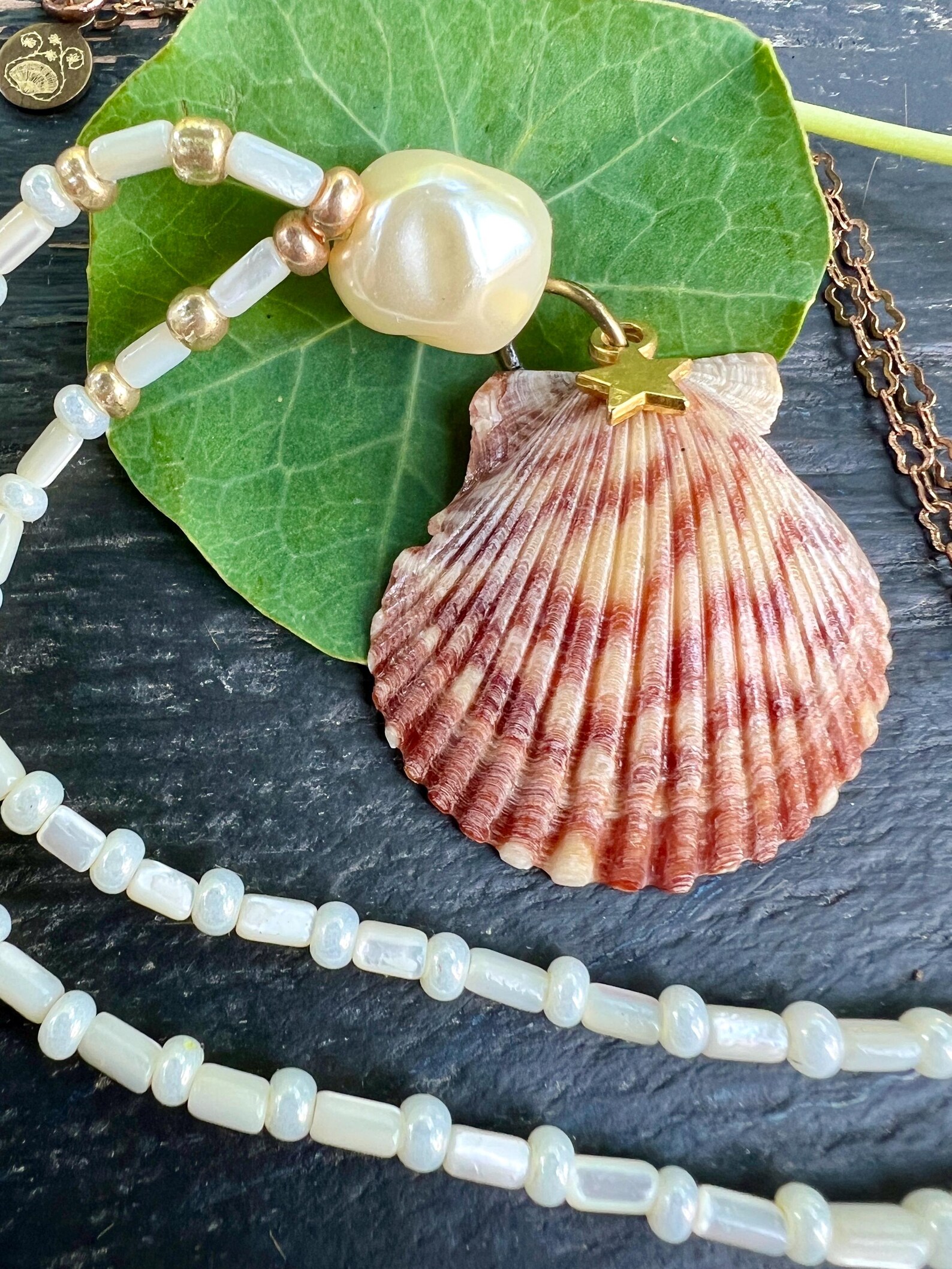 Beaded Seashell Necklace: Boho Sea Star Pendant, Vintage Bronze Chain ...