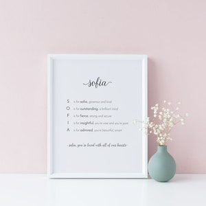 以下が含まれることがあります： 「Sofia」という名前が筆記体で書かれたフレーム入りのプリント。名前の各文字に肯定的な属性がリストされています。小さな水色の花瓶に白い花が飾られており、フレームの右側に配置されています。