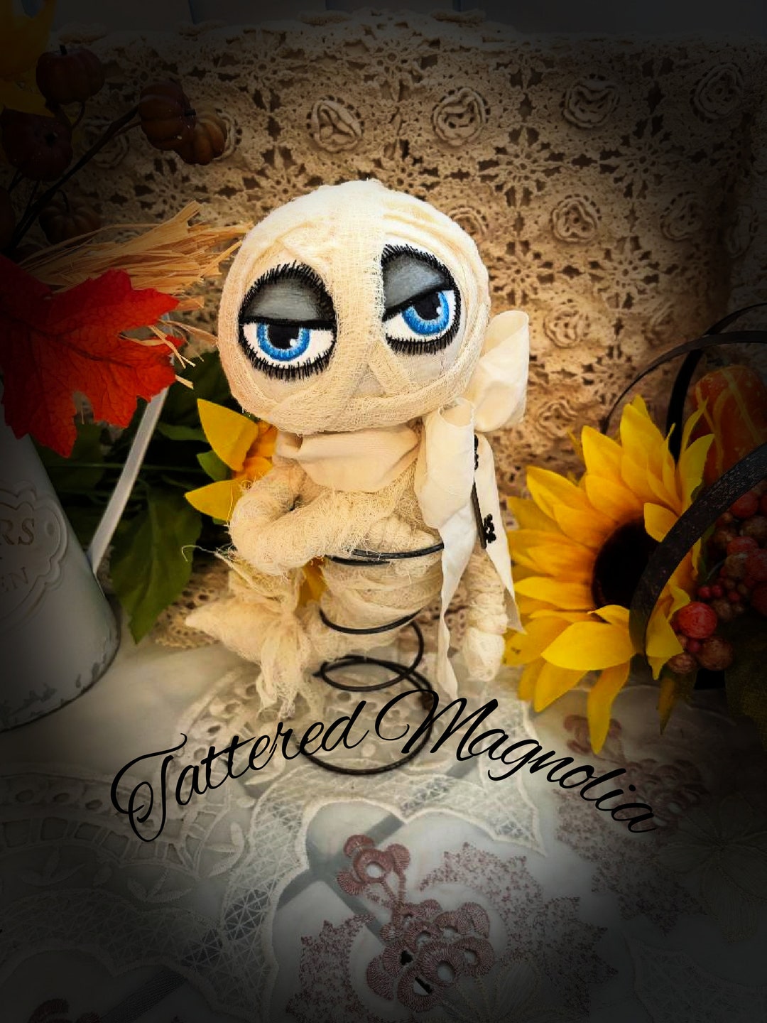 October Sale Folk Art Ghost Mummy Doll rags on Rusty Spring Halloween ...
