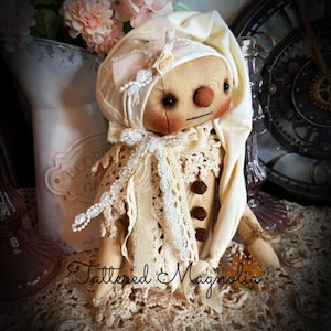 Primitive Folk Art Snowman Doll "Tilly" Hand Stitched Vintage Lace Farmhouse Christmas