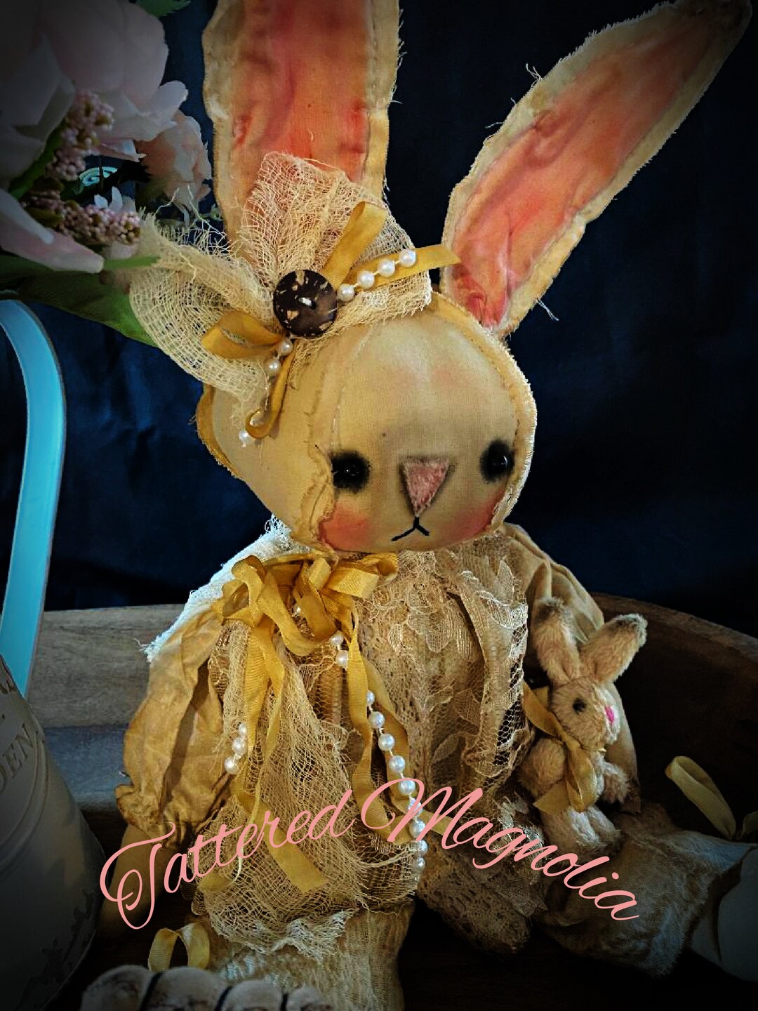 Primitive Folk Art Bunny Rabbit Doll lacey Hand Stitched Vintage ...