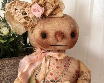 Primitive Folk Art Snowman Doll: "Chantilly" Vintage Christmas Hand-Stitched Tattered Magnolia