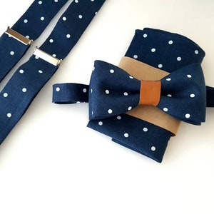 Linen bow tie- White polka- Linen with leather bow tie- Blue with white dots bow tie- Linen pocket square- Wedding- Birthday-  Braces