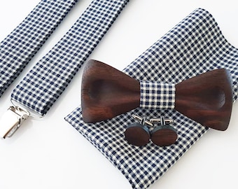 Wooden bow tie- wooden bow tie and cufflinks- bow tie for weddings- wedding accessories- suspenders- wooden cufflinks- pocket square