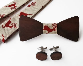 Noeud papillon en bois de Noel - noeud papillon en bois de Noel et boutons de manchette - noeud papillon pour les accessoires de Noel- Suspensions de Noel