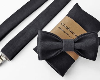 Custom Linen bow tie, Linen bow tie, Linen pocket square, Dark Gray suspenders, Dark  Gray braces, Groomsmen bow tie, Bow tie for men