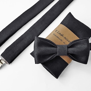 Custom Linen bow tie, Linen bow tie, Linen pocket square, Dark Gray suspenders, Dark  Gray braces, Groomsmen bow tie, Bow tie for men
