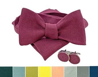 Borgoña Self-Tie Linen Bow Tie, Pajarita de bolsillo de lino, Tirantes de lino, Tirantes de lino, Pajarita de padrinos de boda, Pajarita para hombres, Bowtie