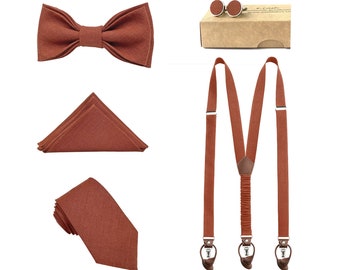 Accessoires verbrand oranje, stropdas verbrand oranje, vlinderdas verbrand oranje, bretels met leer, bretels met leer, bretels met clips