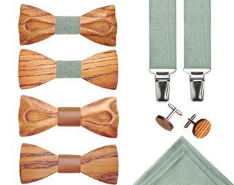 Wooden bow tie, cufflinks, pockets square, suspenders, wedding accessories, wooden accessories, groomsmen accessories, green and other shade