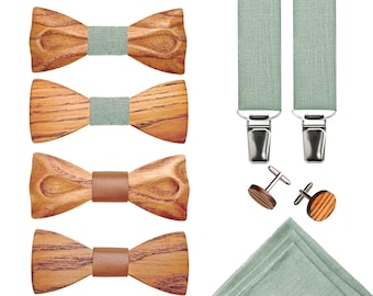 Wooden bow tie, cufflinks, pockets square, suspenders, wedding accessories, wooden accessories, groomsmen accessories, green and other shade
